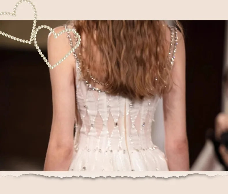 Women Elegant Strapless Vestidos Evening Party Robes French Style Spaghetti Strap Bling Rhinestones Chesongams Lady Sexy Qipao