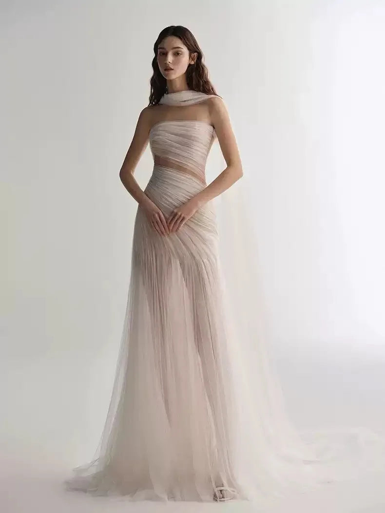Elegant White Evening Dress A-Line Bandeau Sexy Backless Strapless Sleeveless Pleated Tulle Special Occasion Party Dress
