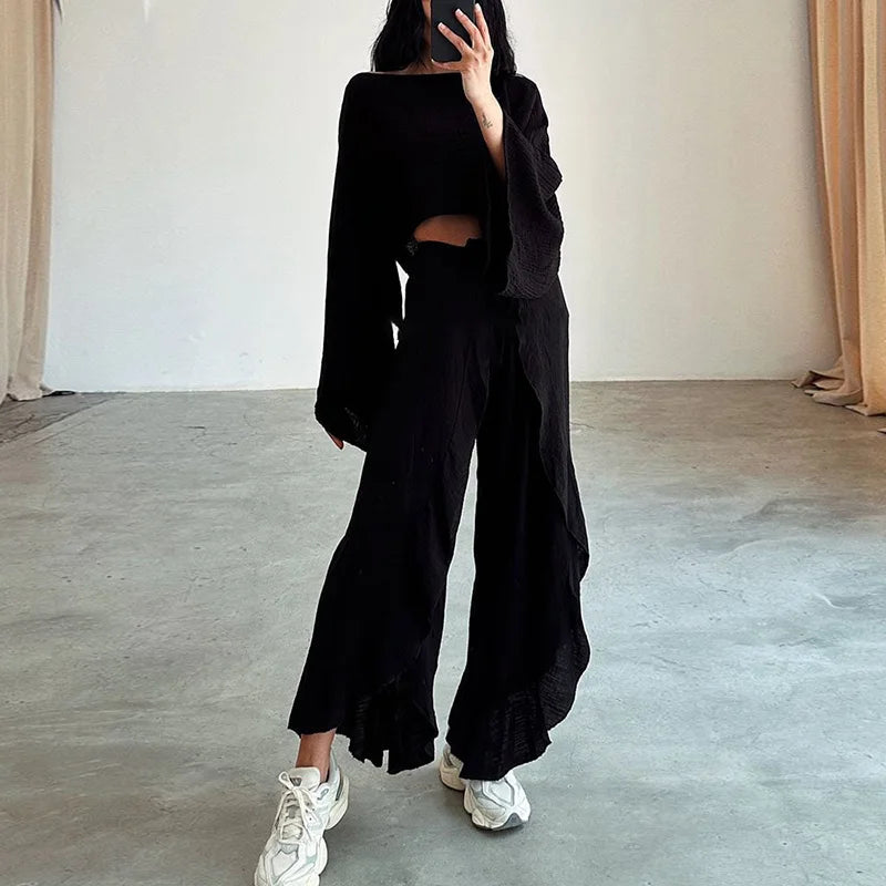 Elastic Waist Harem Pants Loungewear Sets, Women Spring Summer Short Top Loose Outfit, Solid Patchwork Hollow Out Ladies Suits