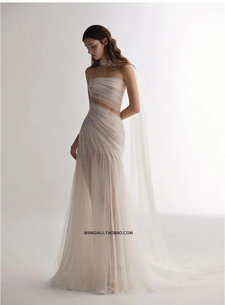 Elegant White Evening Dress A-Line Bandeau Sexy Backless Strapless Sleeveless Pleated Tulle Special Occasion Party Dress