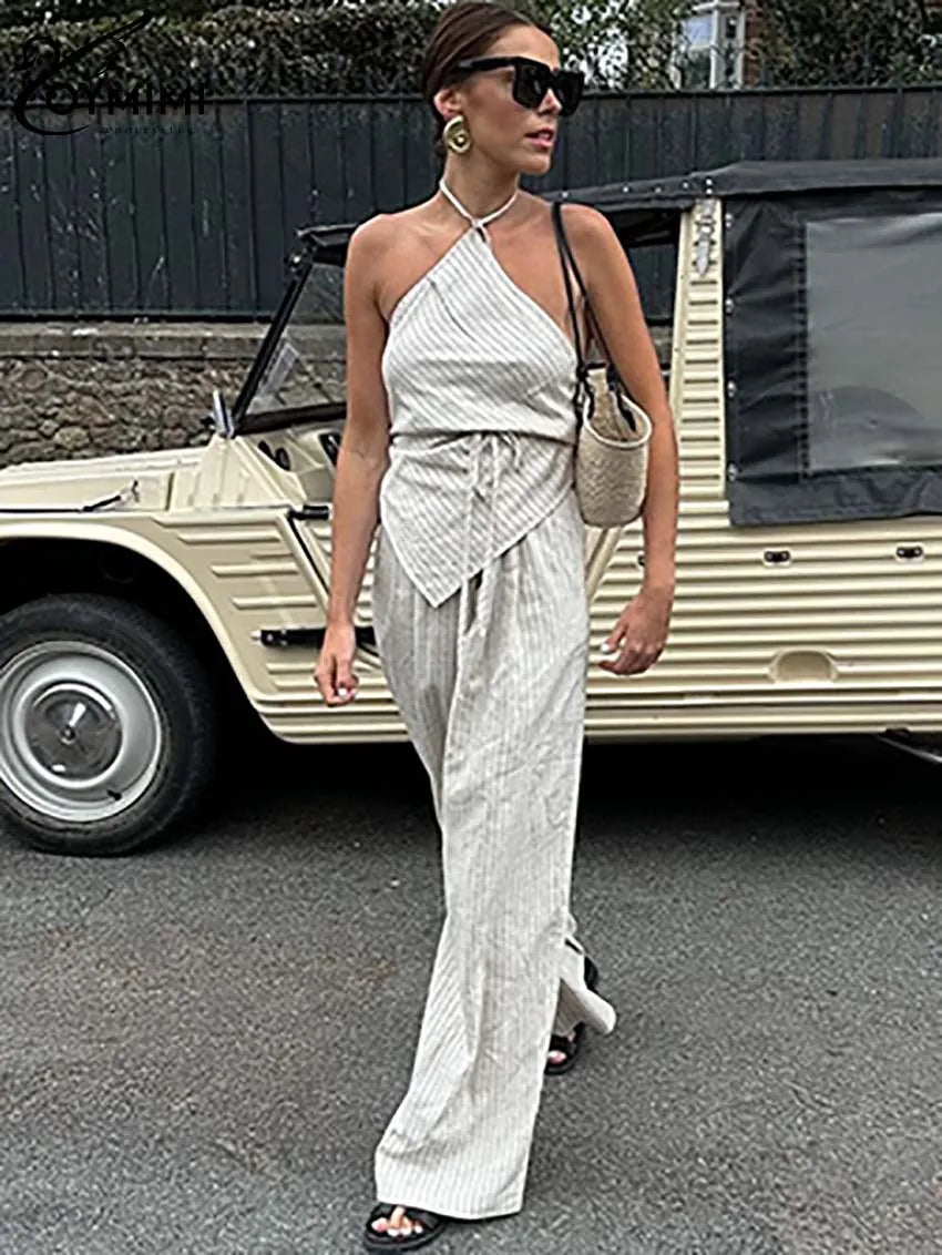 Oymimi Casual Apricot Print Women 2 Piece Set Outfit Fashion Halter Neck Sleeveless Lace-Up Tops And Straight Pockets Pants Sets