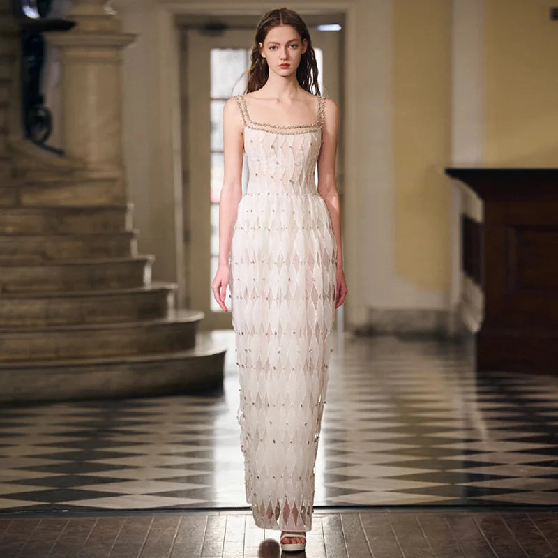 Women Elegant Strapless Vestidos Evening Party Robes French Style Spaghetti Strap Bling Rhinestones Chesongams Lady Sexy Qipao