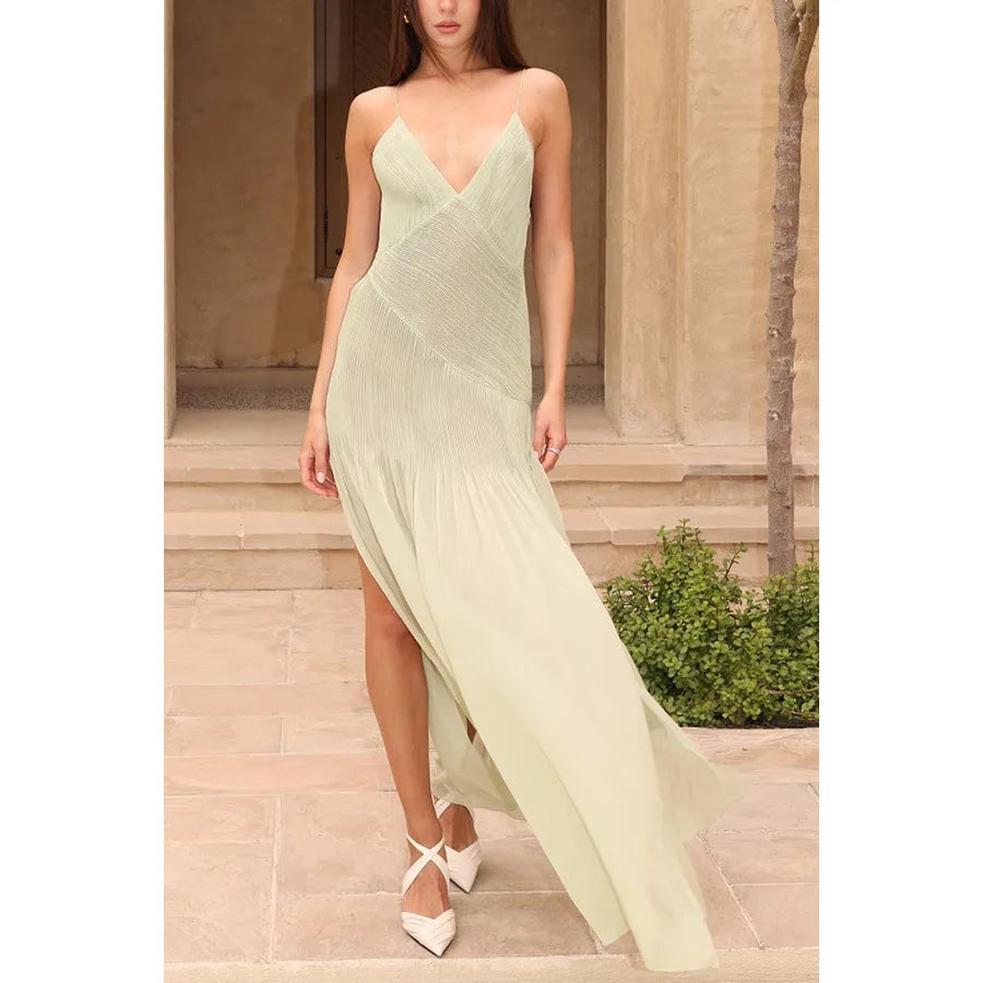 Sexy Dress Women Fashion Vintage Sleeveless Pleats Long Dresses Solid Slim Spaghetti Strap V Neck Split Spring Summer Maxi Dress