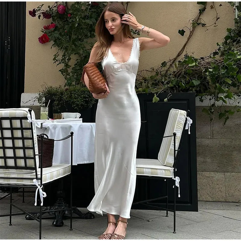 Sexy Lace Tube Long Dress For Women V-neck Sleeveless Backless Draped A-line Robe 2025 Summer Elegant Female New Party Dresses