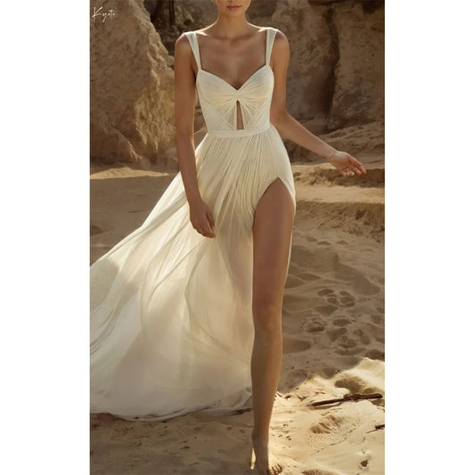 Customized Beige Bow Collar Cut-out Wedding Dress Side High Split Backless vestidos de novia A-line Sleeveless Formal Evening