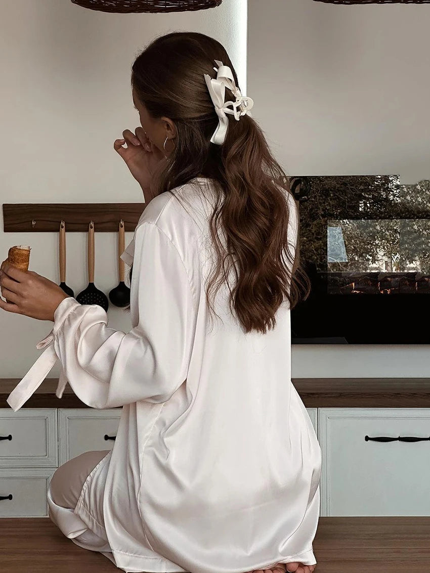 Marthaqiqi Home Clothes Ladies Sexy Turn-Down Collar Sleepwear Long Sleeve Nightgown Lace Up Pajamas Pants Female Sleepwear Suit