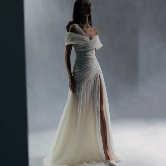 Party Gowns Customized A Line Off Shoulder High Split Prom Dresses Simple Tulle Evening Dress New Arrival 2025 فساتين سهرة
