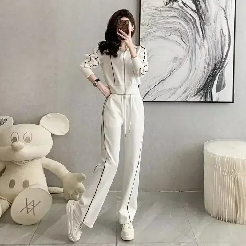 Spring and Autumn Sports Suit Women's Fashion Casual Long Sleeve Cardigan Coat+Loose Wide Leg Pants Two Piece Set
