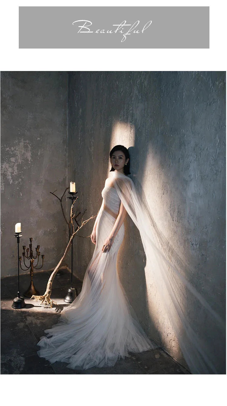 Elegant White Evening Dress A-Line Bandeau Sexy Backless Strapless Sleeveless Pleated Tulle Special Occasion Party Dress