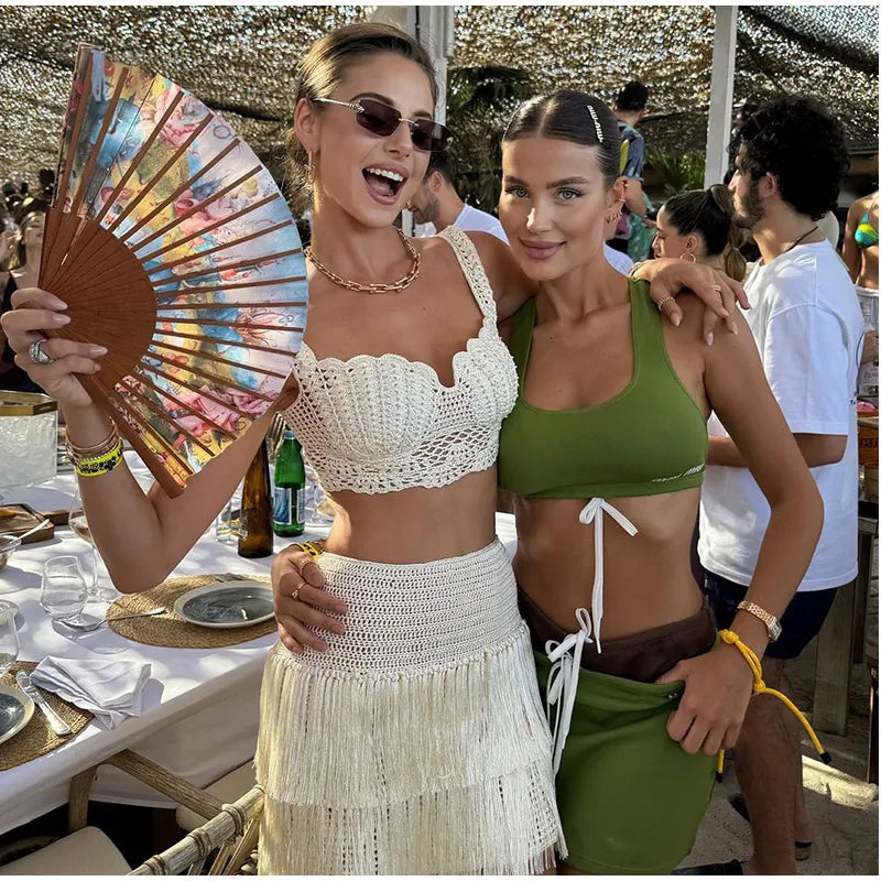 Women Tassels Patchwork Knit Skirt Set Elegant Shell Shape Backless Slim Sling Vest Suits Lady Summer Holiday Street Outfit 2025