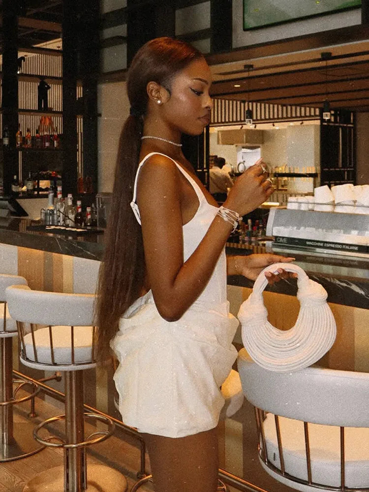 white Wide Strap Pleated Hem Dresses Women's Sexy Sleeveless Slim Fit Mini  Robes 2025 New Lady Summer Holiday Party Vestidos