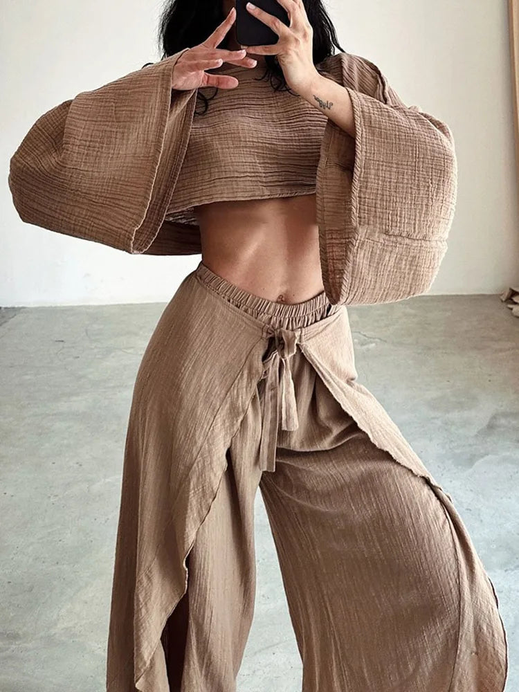 Elastic Waist Harem Pants Loungewear Sets, Women Spring Summer Short Top Loose Outfit, Solid Patchwork Hollow Out Ladies Suits