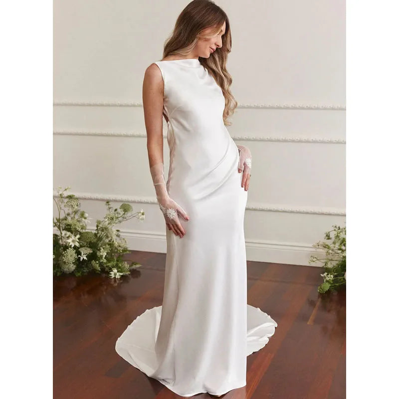 Customized White Scoop Neck Reception Wedding Dress Open Back vestidos de novia Mermaid Sweep Train  Formal Evening 2025