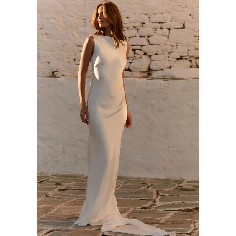 Customized White Scoop Neck Reception Wedding Dress Open Back vestidos de novia Mermaid Sweep Train  Formal Evening 2025