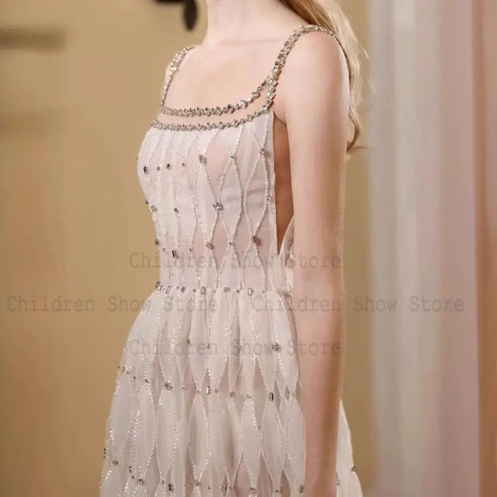 Women Elegant Strapless Vestidos Evening Party Robes French Style Spaghetti Strap Bling Rhinestones Chesongams Lady Sexy Qipao