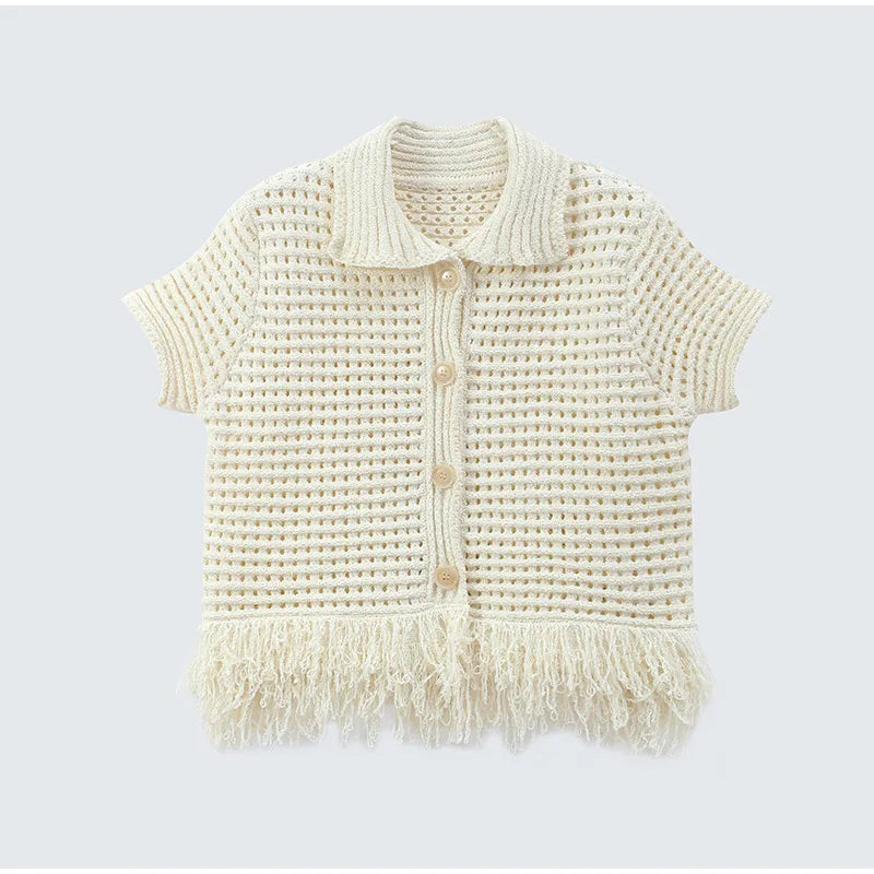 Women Tassels Patchwork Knit Skirt Set Elegant Shell Shape Backless Slim Sling Vest Suits Lady Summer Holiday Street Outfit 2025