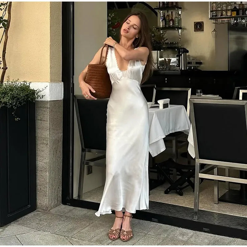 Sexy Lace Tube Long Dress For Women V-neck Sleeveless Backless Draped A-line Robe 2025 Summer Elegant Female New Party Dresses