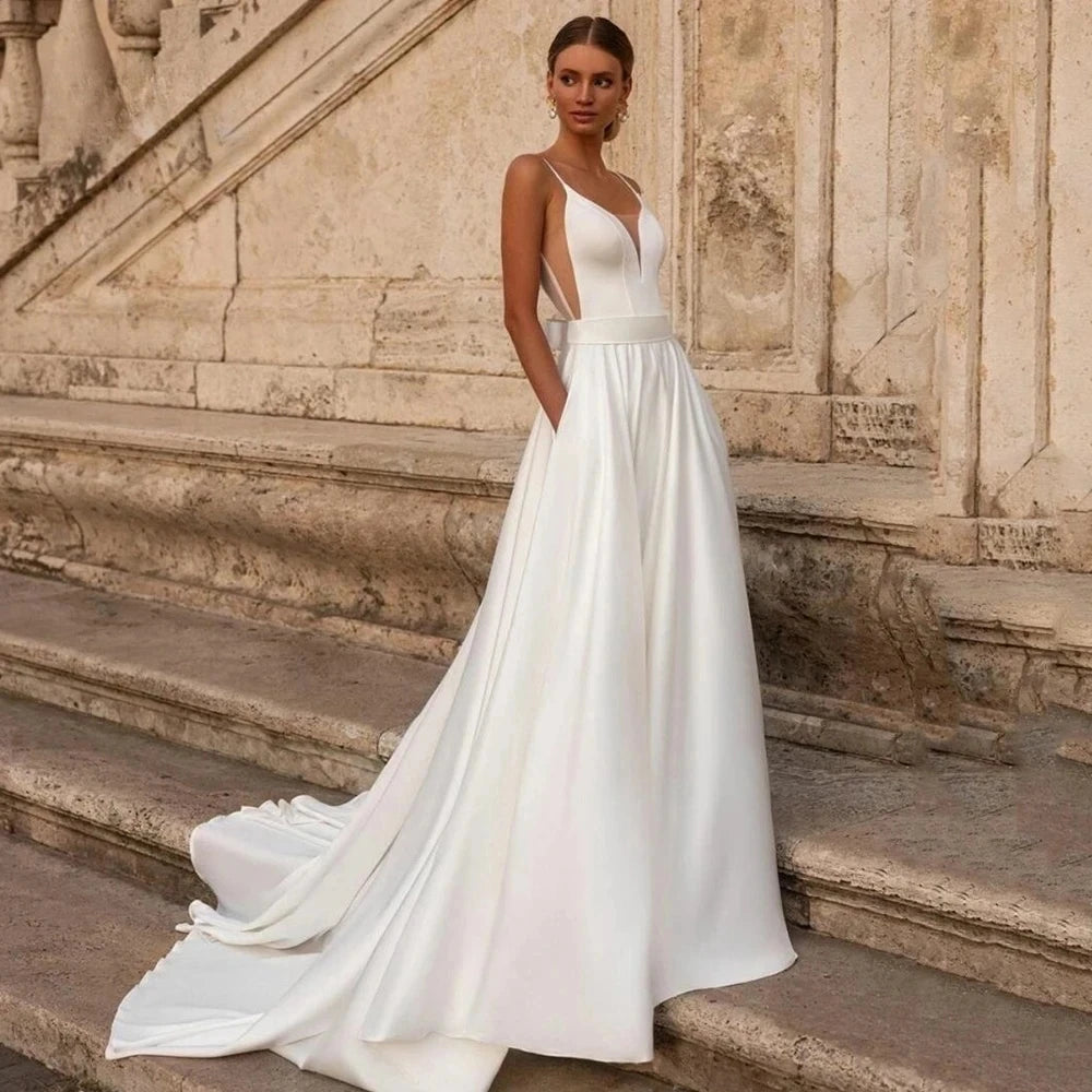 Elegant Long V Neck Satin Plus Size Wedding Dresses Sleeveless with Bow A Line Sweep Train Bridal Gown for Women