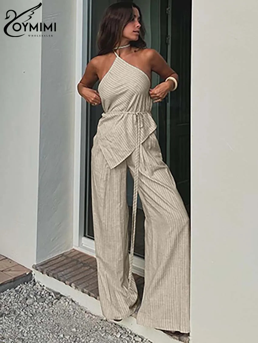 Oymimi Casual Apricot Print Women 2 Piece Set Outfit Fashion Halter Neck Sleeveless Lace-Up Tops And Straight Pockets Pants Sets