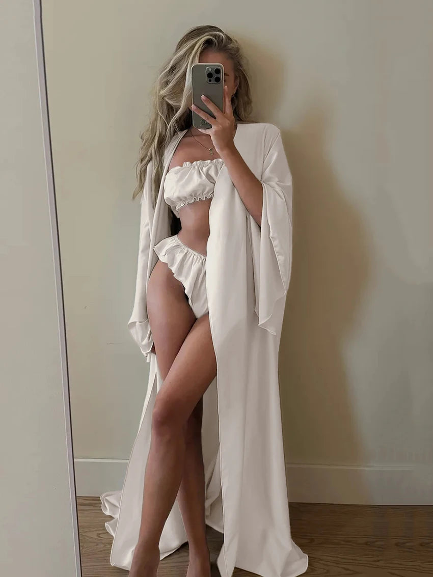 Marthaqiqi Casual Women Sleepwear 3 Piece Suit V-Beck Robe Long Sleeve Bathrobe Pajamas Drawstring Tank Tops Shorts Home Clothes