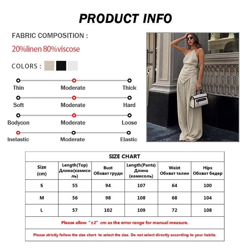 Oymimi Casual Apricot Print Women 2 Piece Set Outfit Fashion Halter Neck Sleeveless Lace-Up Tops And Straight Pockets Pants Sets