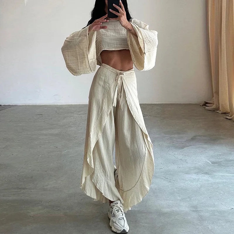 Elastic Waist Harem Pants Loungewear Sets, Women Spring Summer Short Top Loose Outfit, Solid Patchwork Hollow Out Ladies Suits