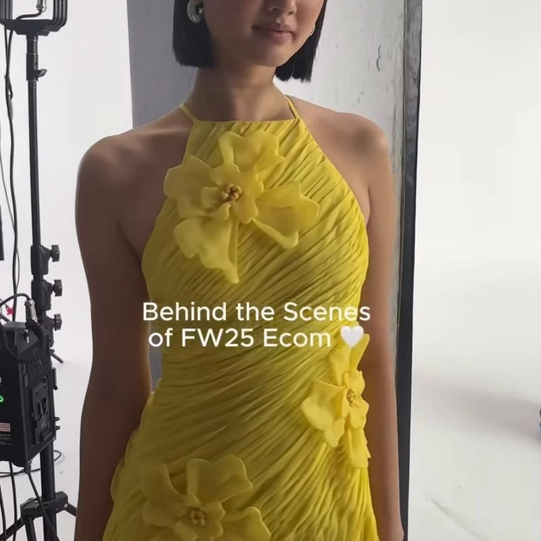 Amanda Customized Yellow Halter Neck 3D Flower Prom Dress Sleeveless A-line vestidos de noche Floor-Length Formal Evening 2025