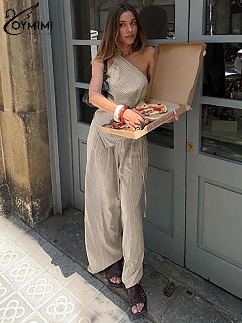 Oymimi Casual Apricot Print Women 2 Piece Set Outfit Fashion Halter Neck Sleeveless Lace-Up Tops And Straight Pockets Pants Sets