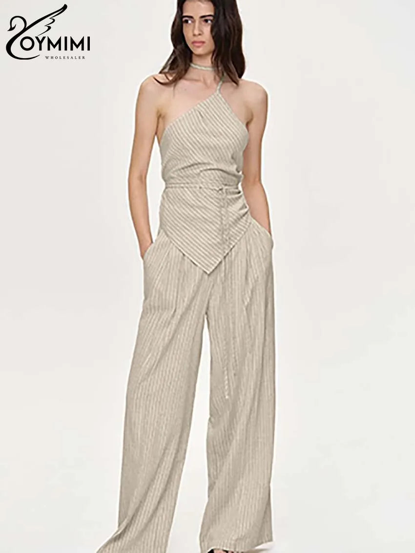 Oymimi Casual Apricot Print Women 2 Piece Set Outfit Fashion Halter Neck Sleeveless Lace-Up Tops And Straight Pockets Pants Sets