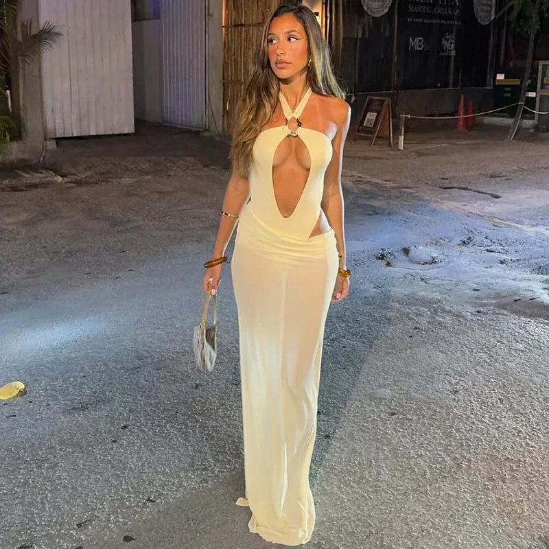 Summer Skirt Two Piece Set Women Fashion Hollow Out Halter Bodysuit And Maxi Skirt Female Elegant Beach Two Piece Set