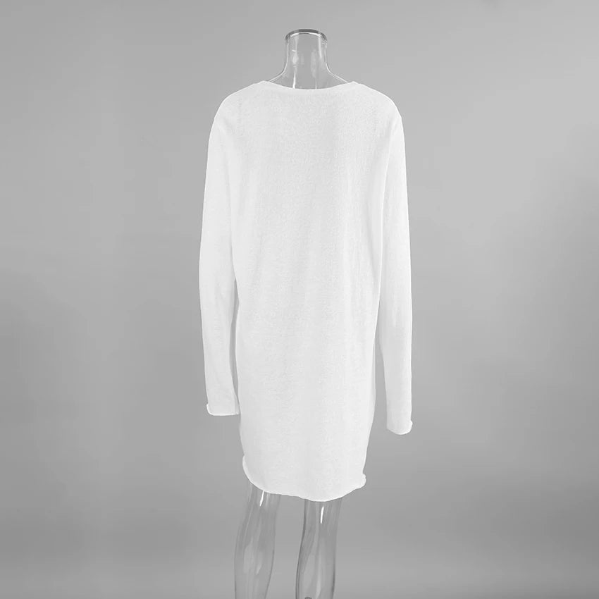 Hiloc 2025 Casual White Robe Female Spring Loose O Neck Night Dress Women Fashion Knitted Long Sleeve Sleepwear Woman Dresses