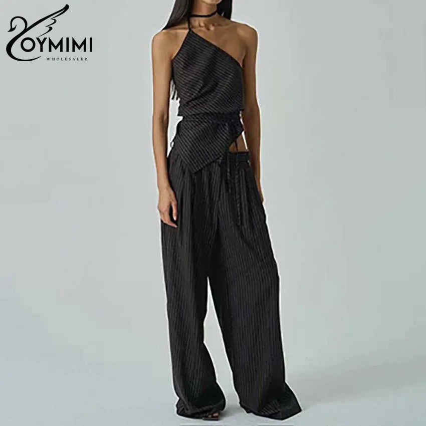 Oymimi Casual Apricot Print Women 2 Piece Set Outfit Fashion Halter Neck Sleeveless Lace-Up Tops And Straight Pockets Pants Sets