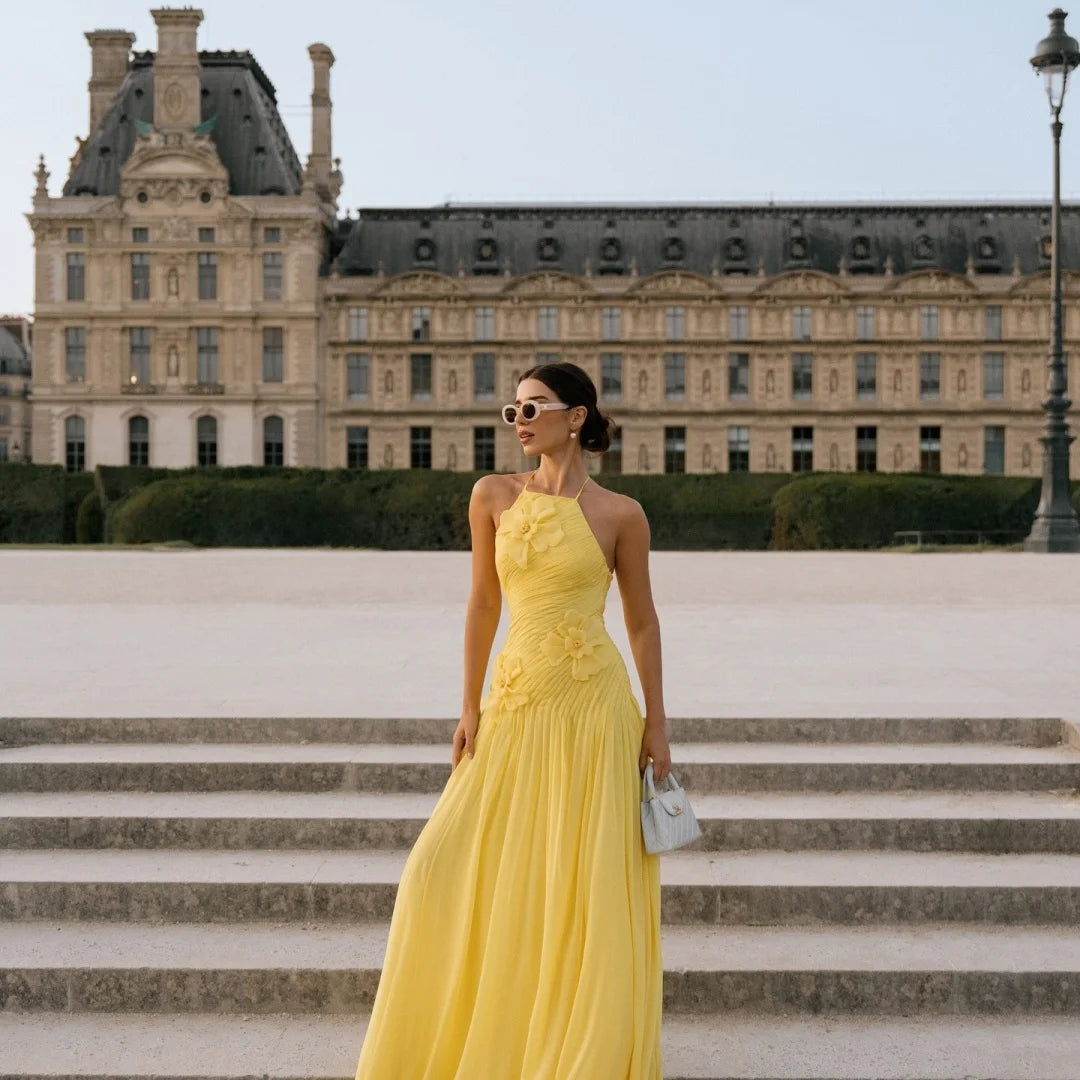 Amanda Customized Yellow Halter Neck 3D Flower Prom Dress Sleeveless A-line vestidos de noche Floor-Length Formal Evening 2025