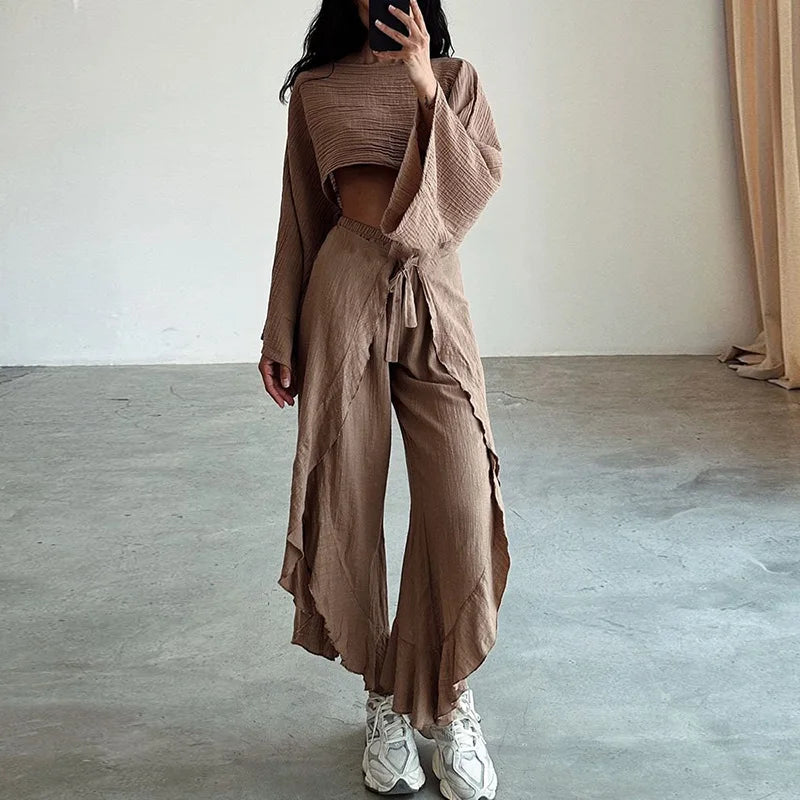 Elastic Waist Harem Pants Loungewear Sets, Women Spring Summer Short Top Loose Outfit, Solid Patchwork Hollow Out Ladies Suits